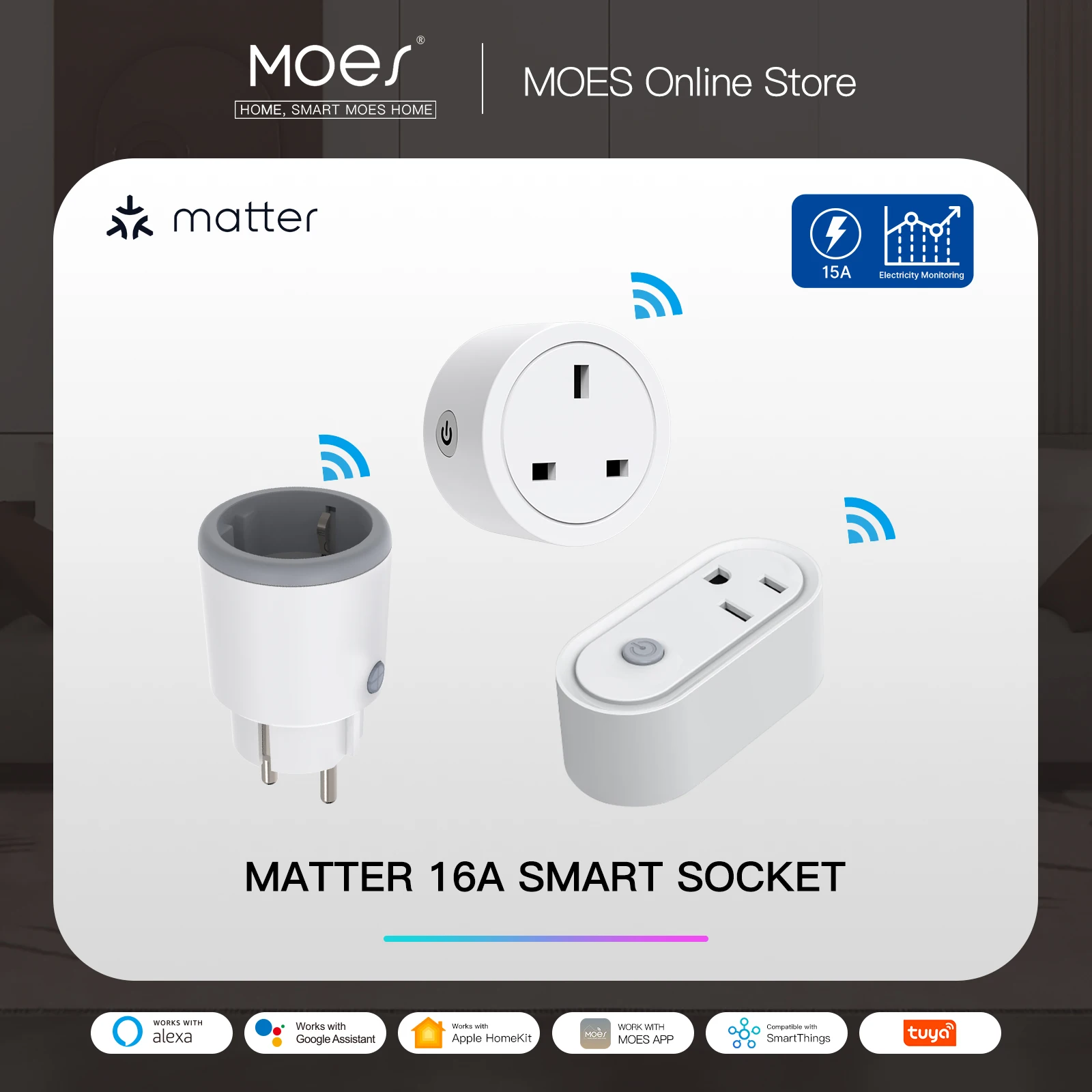 MOES-enchufe inteligente UE/EE. UU./Reino Unido, enchufe WiFi con temporizador de 15/16A, Monitor de potencia, compatible con TUYA, Apple, Homekit con Google Home, Alexa