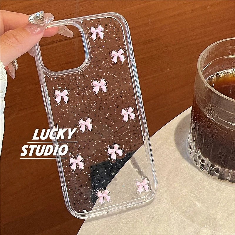 Bonita funda de teléfono con lazo rosa para iPhone 16, 15, 14, 13, 12, 11 Pro Max X XS Max MiNi Plus, funda suave para chica de Corea, carcasa con brillo epoxi - imagen 4