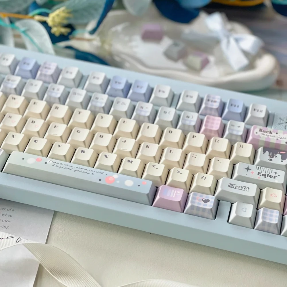 Teclas de color blanco lechoso y azul para teclado mecánico, teclas bonitas de sublimación PBT con perfil de cereza, 129 teclas - imagen 3