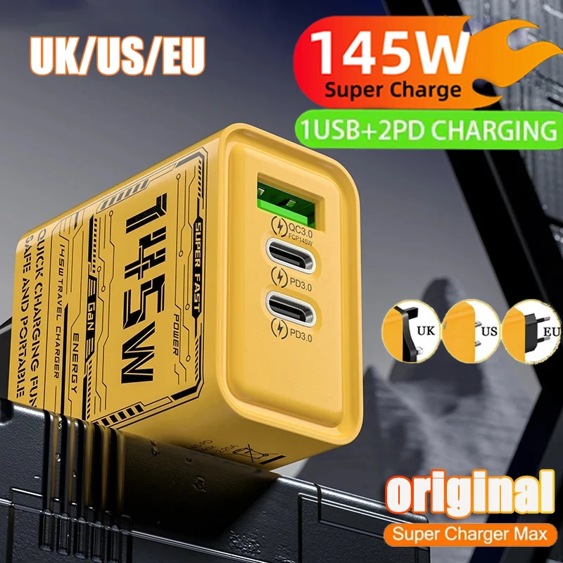 Cargador de teléfono de 3 puertos de 145W protección de energía carga ultra rápida tipo C USB-C QC adaptador de súper carga para Huawei iPhone
