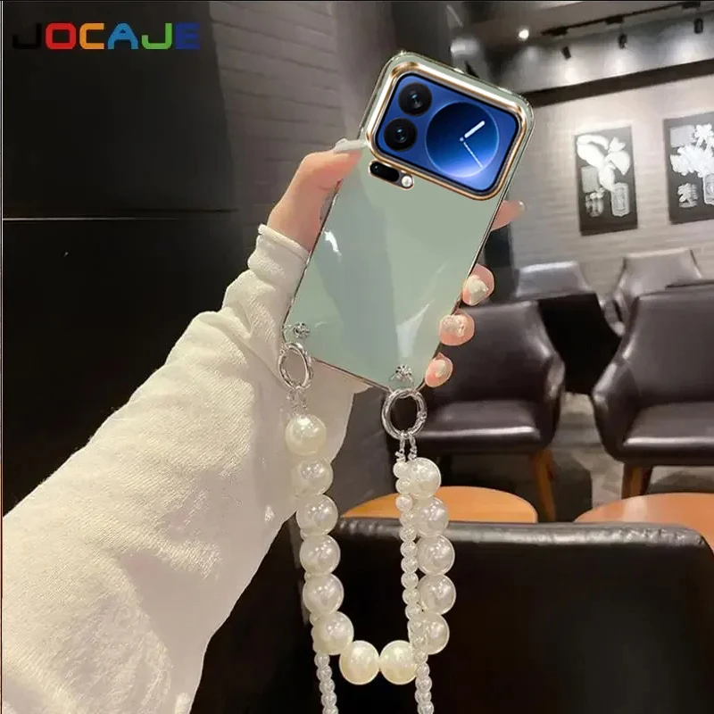 Funda de silicona chapada para Xiaomi Mi 17 Pro Max, pulsera de cadena de perlas, cordón cruzado, funda protectora de lente para Mi17Pro Max