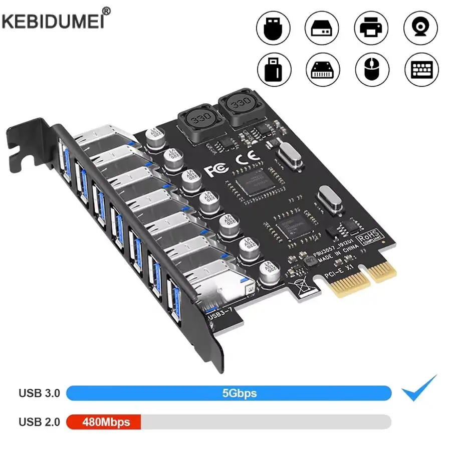 Adaptador de tarjeta de expansión USB 3,0 PCI-E PCI E a 7 puertos USB 3 Hub tarjeta adaptadora de expansión PCI-E 1X controlador para escritorio