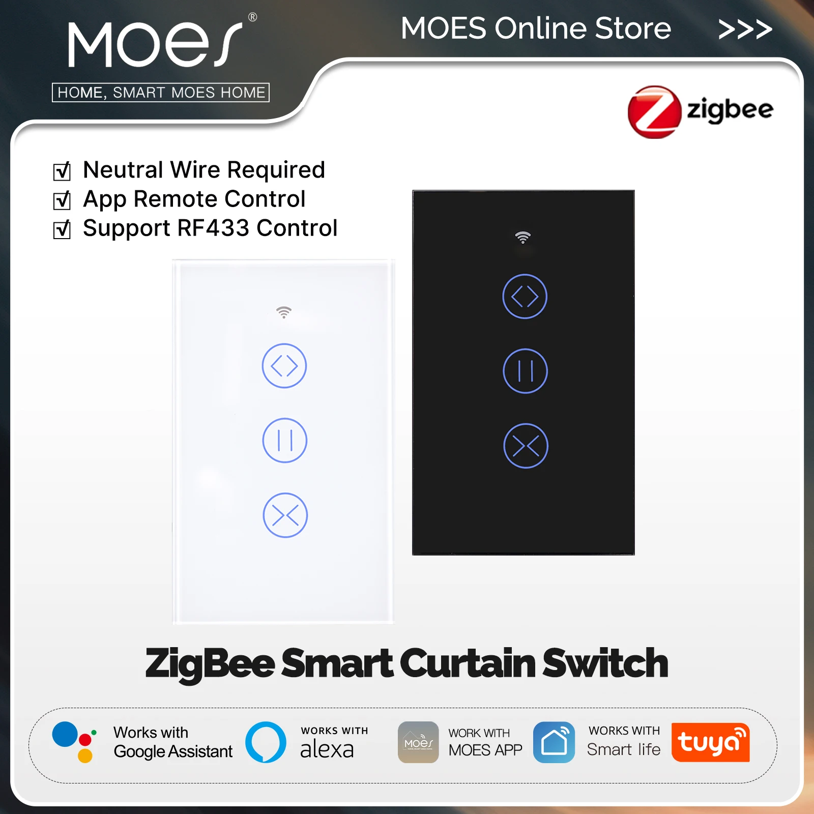 MOES Tuya ZigBee interruptor de cortina táctil de vidrio inteligente aplicación RF Control inalámbrico cable neutro ignífugo requerido con Alexa Google Home