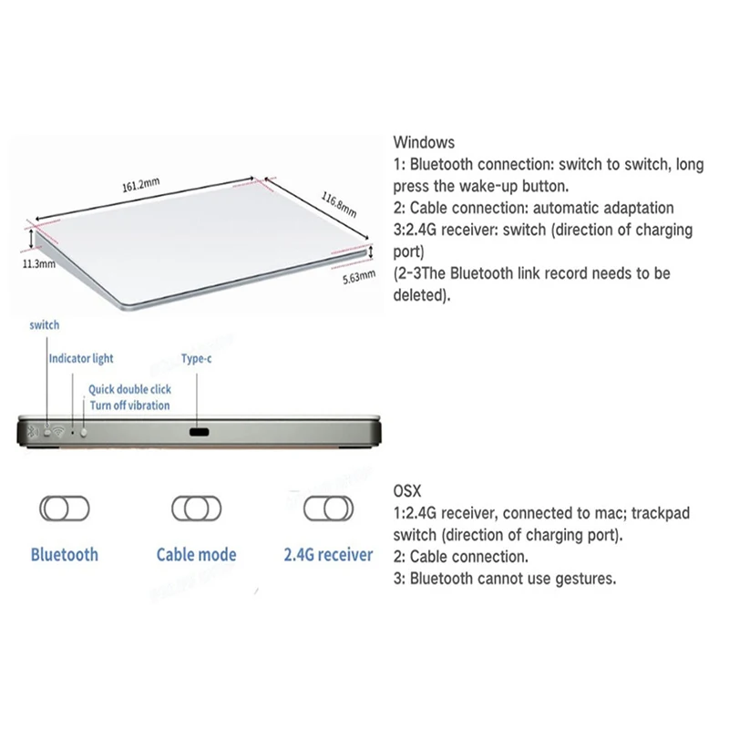 Ratón portátil con panel táctil inalámbrico, trimododo, Bluetooth, para Win/Mac/iOS, gesto multifunción delgado, Trackpad inalámbrico recargable - imagen 3