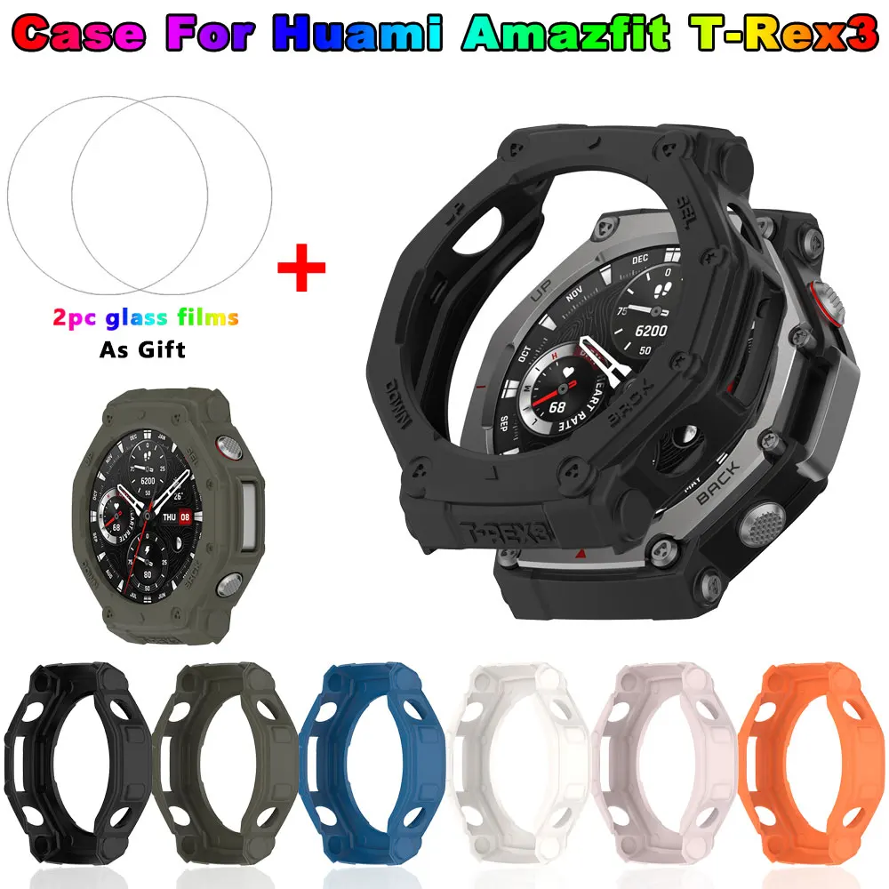 Funda protectora de TPU + película de vidrio para reloj inteligente Amazfit t-rex 3, carcasa de parachoques de silicona suave, Protector Huami Amazfit Trex3