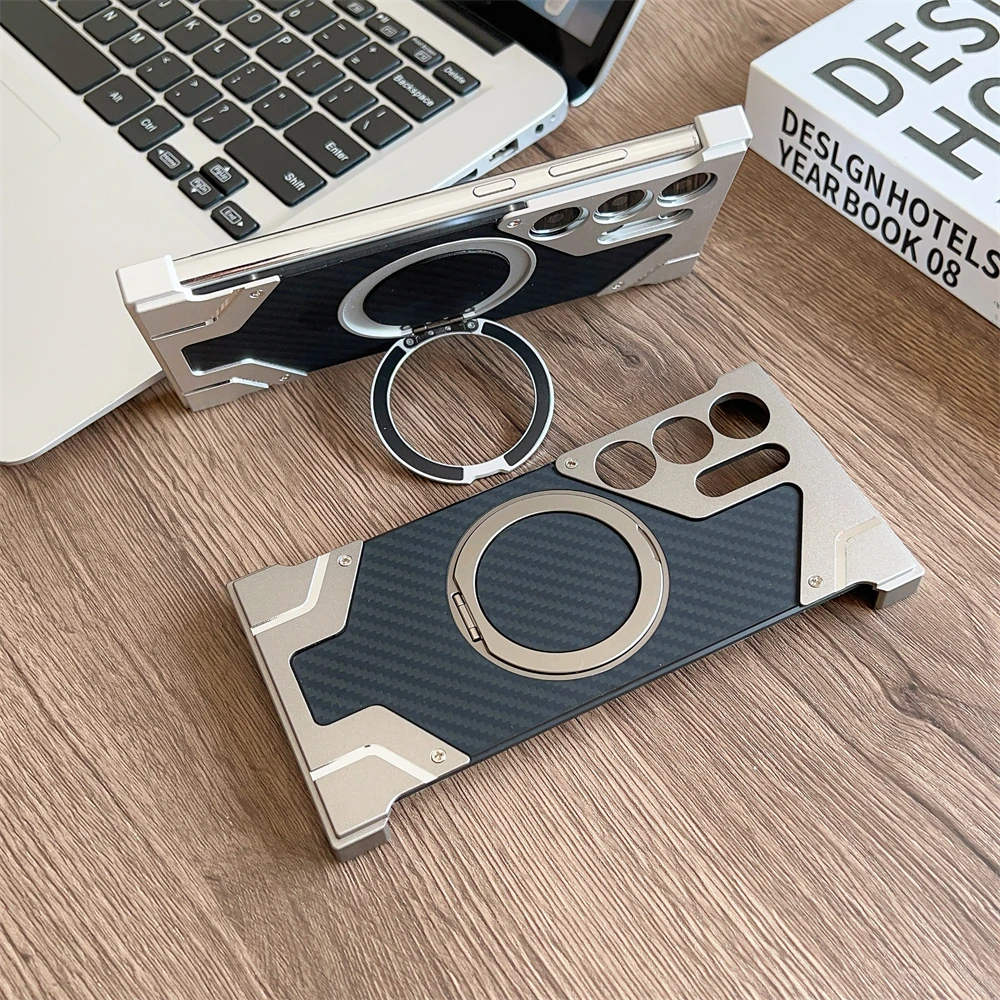 Funda de teléfono con soporte magnético con marco de aleación de aluminio para Samsung Galaxy S25 S24 S22 S23, cubierta de parachoques con marco de Metal de fibra de carbono Ultra - imagen 3