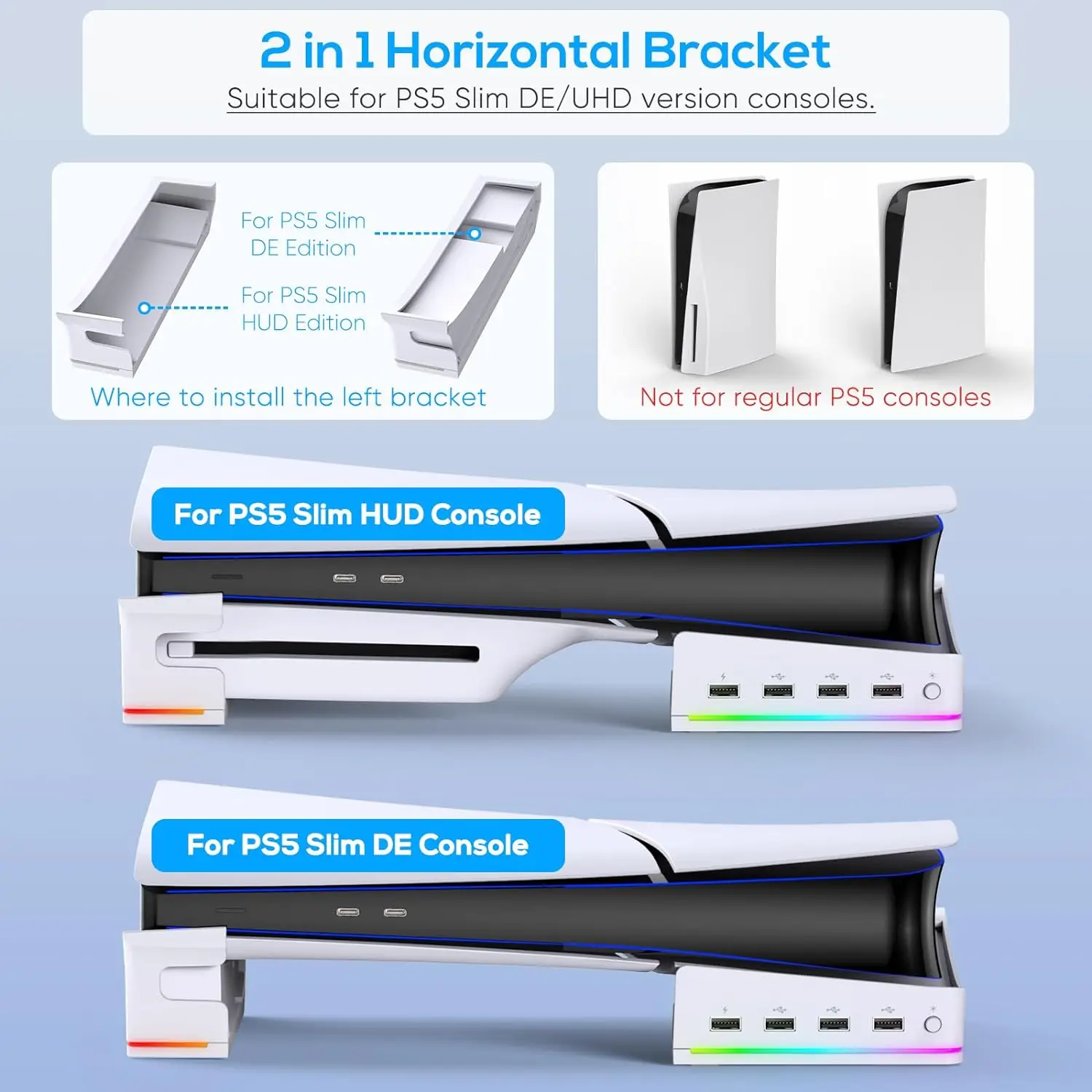 Soporte horizontal IPEGA con luz LED RGB para consola PS5 Slim, accesorios de soporte con 14 modos de luz y puertos USB de 4 puertos - imagen 3