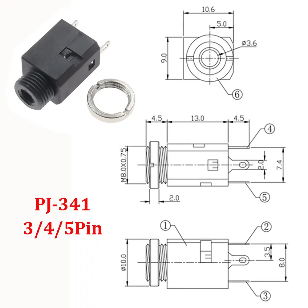2/5/10 Uds 3,5mm PJ341 3/4/5Pin enchufe Vertical hembra con tornillo 3,5 conector de auriculares de Audio PJ-341 agujero para auriculares - imagen 2