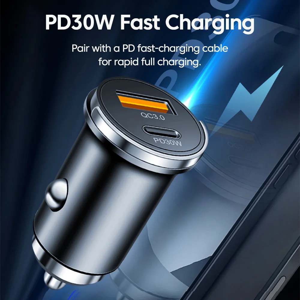 Cargador de coche PD30W QC 3,0 USB tipo C puertos duales carga súper rápida PD adaptador de cargador de teléfono de coche para iPhone Samsung Huawei Xiaomi - imagen 3