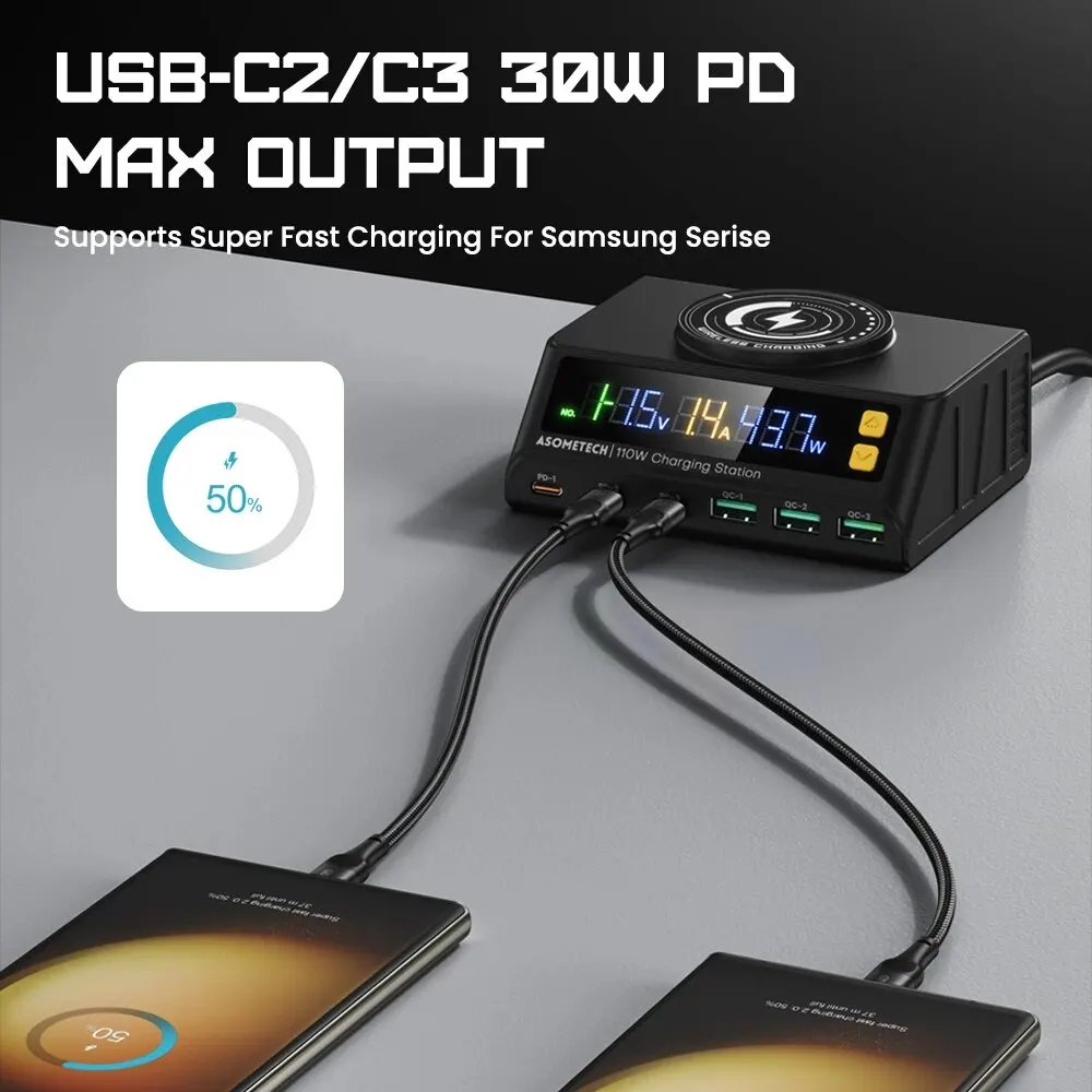 Cargador USB 7 en 1 de 110W con estación de carga inalámbrica PPS PD USB tipo C cargador rápido para ordenador portátil iPhone 15 14 Samsung S23 Ultra - imagen 2