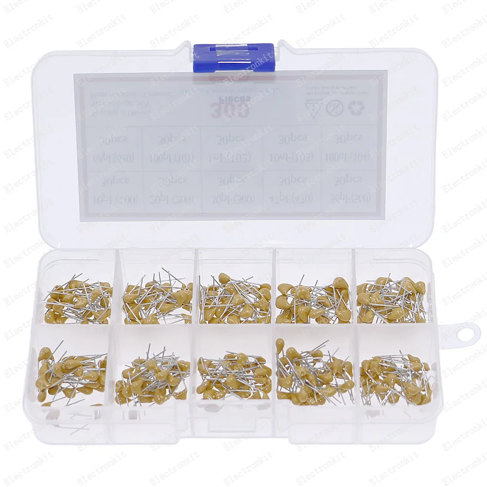 Kit surtido de condensadores cerámicos monolíticos, 300 Uds., 10 valores, caja de paquete mixto 50v, 10pf, 20pf, 30pf, 47pf, 56pf, 68pf, 100pf, 1nf, 10nf, 100nf - imagen 2