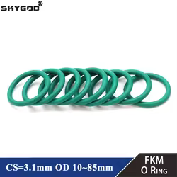 10 Uds FKM junta tórica CS 3,1mm OD 10 ~ 85mm junta de sellado aceite aislante resistencia a altas temperaturas caucho de flúor junta tórica verde