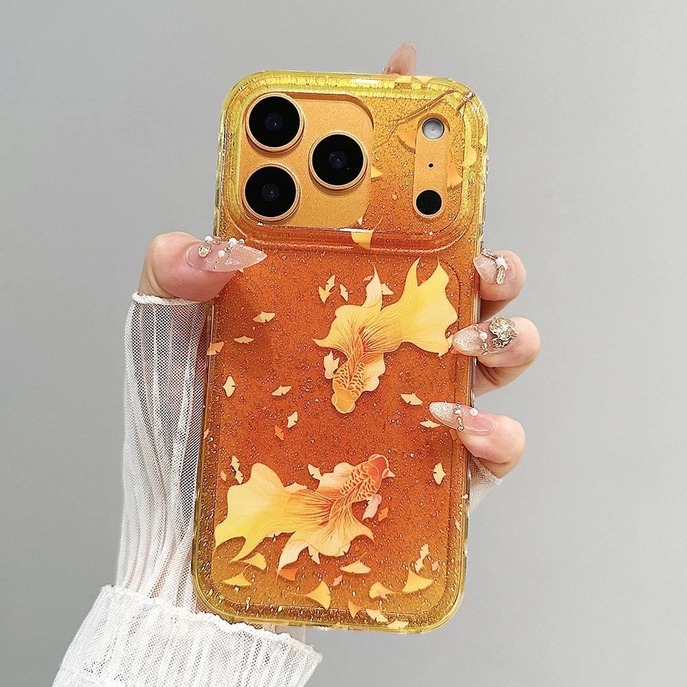 Glitter Luckly Koi Goldfish hermosa Funda de teléfono naranja brillante para IPhone 13 15 14 16 17 Pro Max Funda ostentosa a prueba de golpes - imagen 3