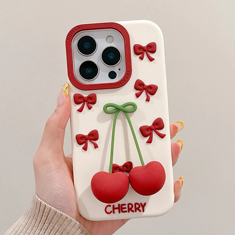 Funda de teléfono de silicona suave Ins 3D Cherry para iPhone Air 13 14 15 16 17 Pro Max, bonita carcasa trasera a prueba de golpes - imagen 2