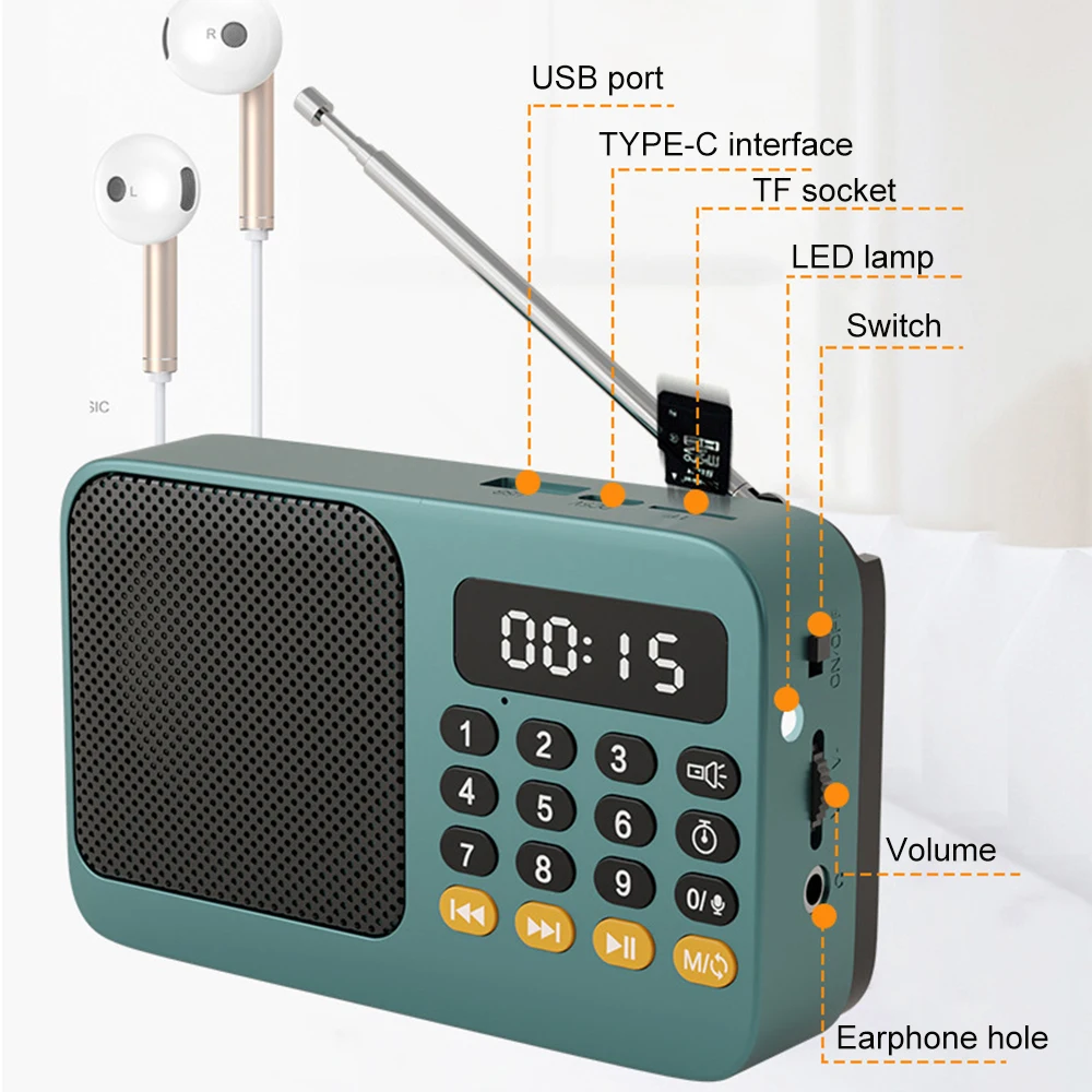 Radio portátil Bluetooth 5,0, Radio recargable con linterna, altavoz inalámbrico Bluetooth, compatible con dispositivo de grabación de expansión TF - imagen 3