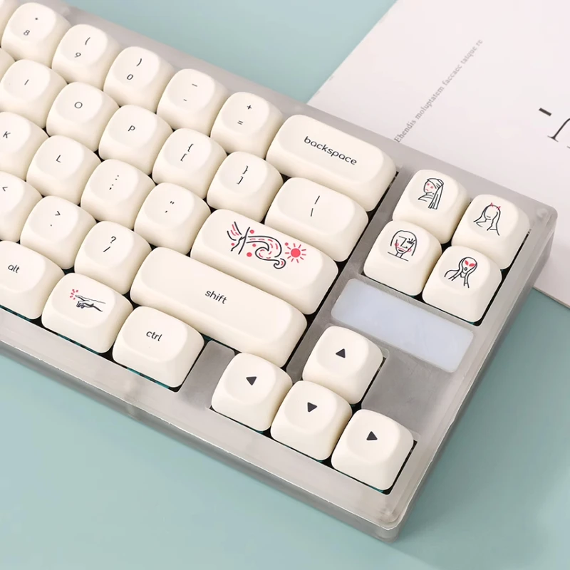 Juego de teclas con tema artístico, teclas redondas de perfil MOA de color blanco lechoso, teclas personalizadas con dibujos animados, bonitas tapas de teclado mecánico para jugar PBT pintadas a mano