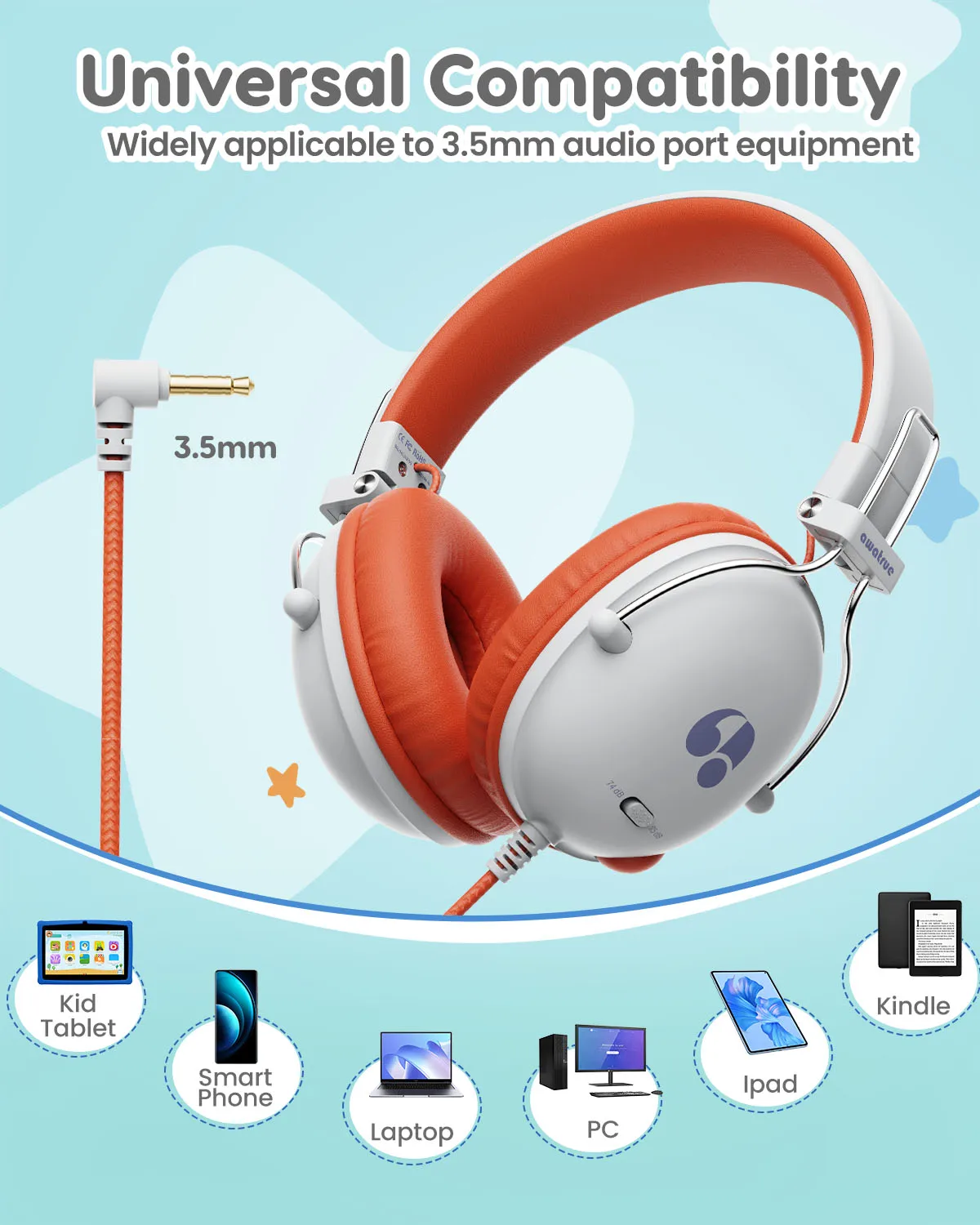 AWATRUE, auriculares con cable para estudio para niños, auriculares con sonido estéreo, auriculares para niños con micrófono, auriculares de música, volumen limitado HK05 - imagen 3
