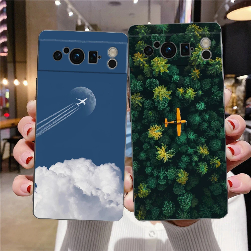 Funda de teléfono con patrón de avión para Google Pixel 10 9 8 7 6 Pro XL 9A 8A 6A 7A 5G, funda negra de TPU suave a prueba de golpes - imagen 2