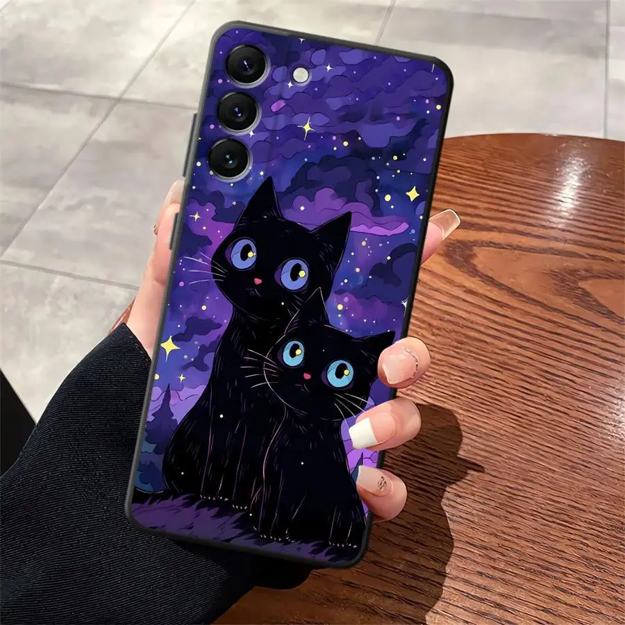 Funda de dibujos animados de gato cielo estrellado para Samsung Galaxy A06 A30 A15 A70 A50 A04 A20 A13 A05 A10 A12 A40 A16 A17 funda de teléfono suave negra - imagen 3