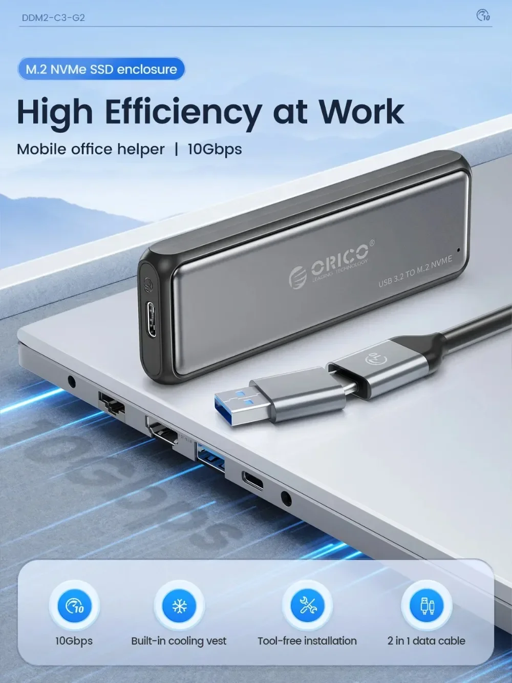 ORICO-carcasa SSD M.2 NVMe SATA de aluminio, caja de unidad de estado sólido, accesorios de ordenador portátil, 10gbps, libre de herramientas - imagen 2
