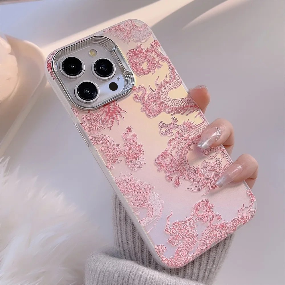 Funda de teléfono con dragón chino rosa para iPhone 16, 15, 14, 11, 13, 12 Pro Max Plus, funda de teléfono con purpurina y bestia mítica