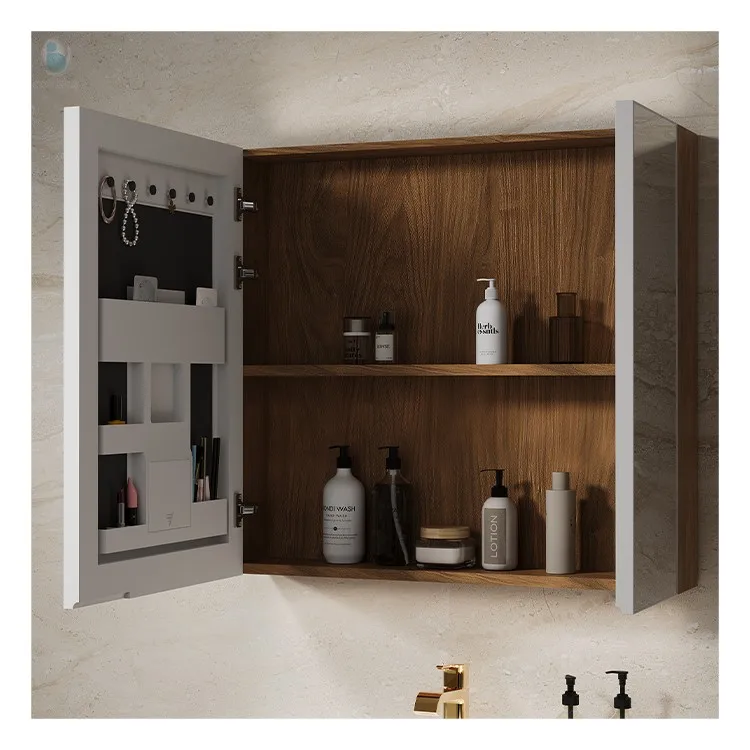 Mueble de tocador de baño moderno de madera maciza montado en la pared resistente al agua con espejo LED para hoteles, apartamentos y villas - imagen 5