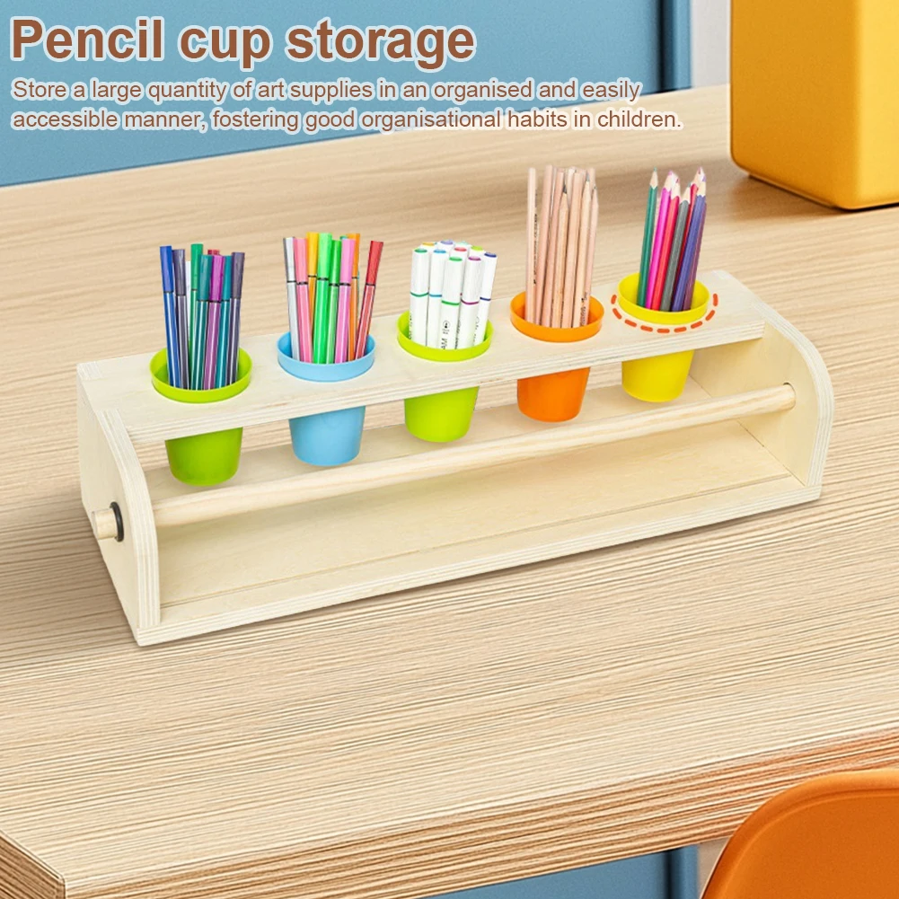 Dispensador de rollos de papel artístico con rollo de papel y vasos de lápiz, caballete de rollo de papel, estante de papel de rollo de almacenamiento de madera maciza para niños, caballete de escritorio - imagen 3