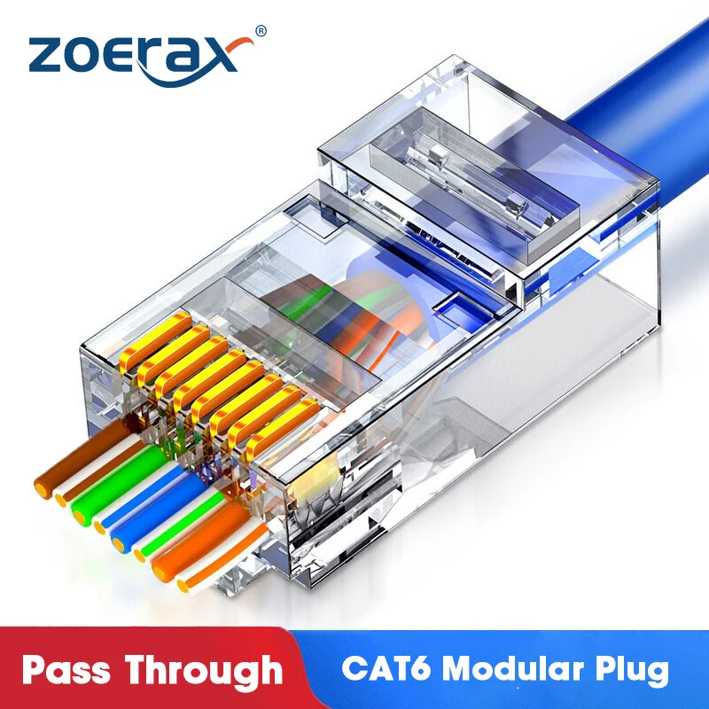 ZoeRax Cat6 CAT5e Pasar a través de conectores de red de enchufe modular RJ45 UTP 15μ extremo de orificio chapado en oro de 1,1 mm para cable Ethernet