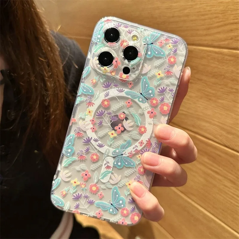 Funda de teléfono magnética Ins mariposa flor Magsafe para IPhone 16 15 14 13 12 11 8 7 Plus Pro Max X XR XSMax cubierta de Tpu transparente suave - imagen 2