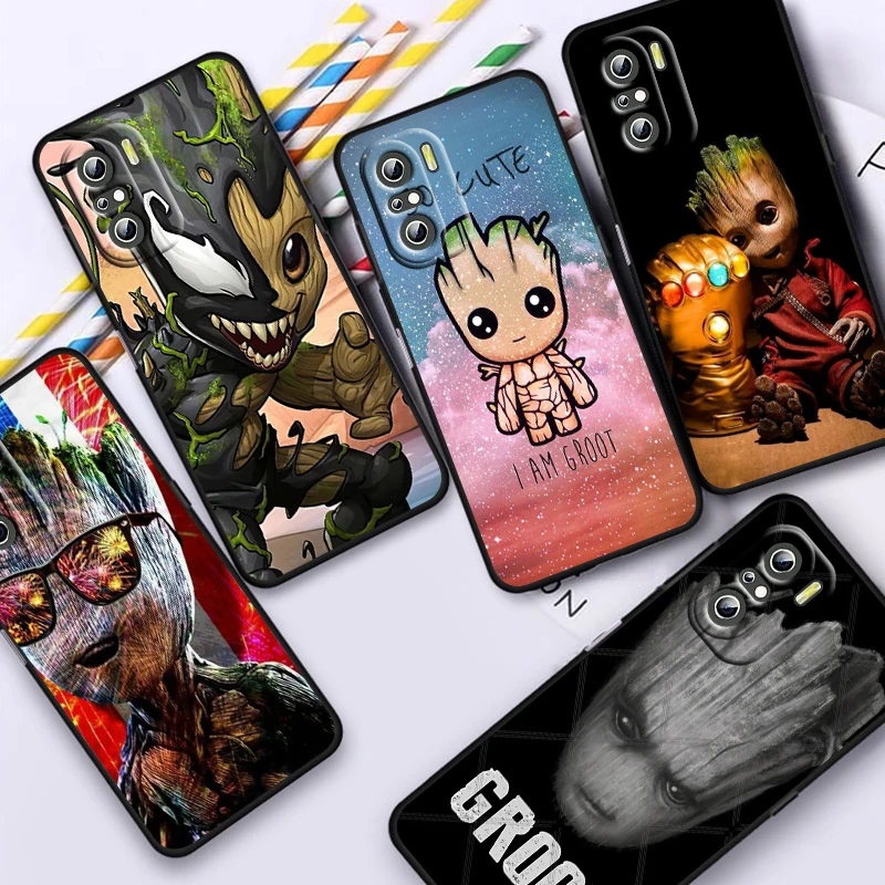 Marvel Groot para Xiaomi Redmi Note 13, 12, 11E, 11S, 11, 11T, 10, 10S, 9, 9S Pro Plus, 4G, 5G, funda negra para teléfono