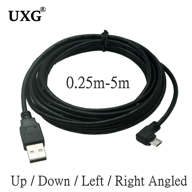 Up Down Left Right Angled 90 grados USB Micro USB macho a USB macho Cable conector de carga de datos 25cm 50cm para tableta 5 pies 1m 3M 5M