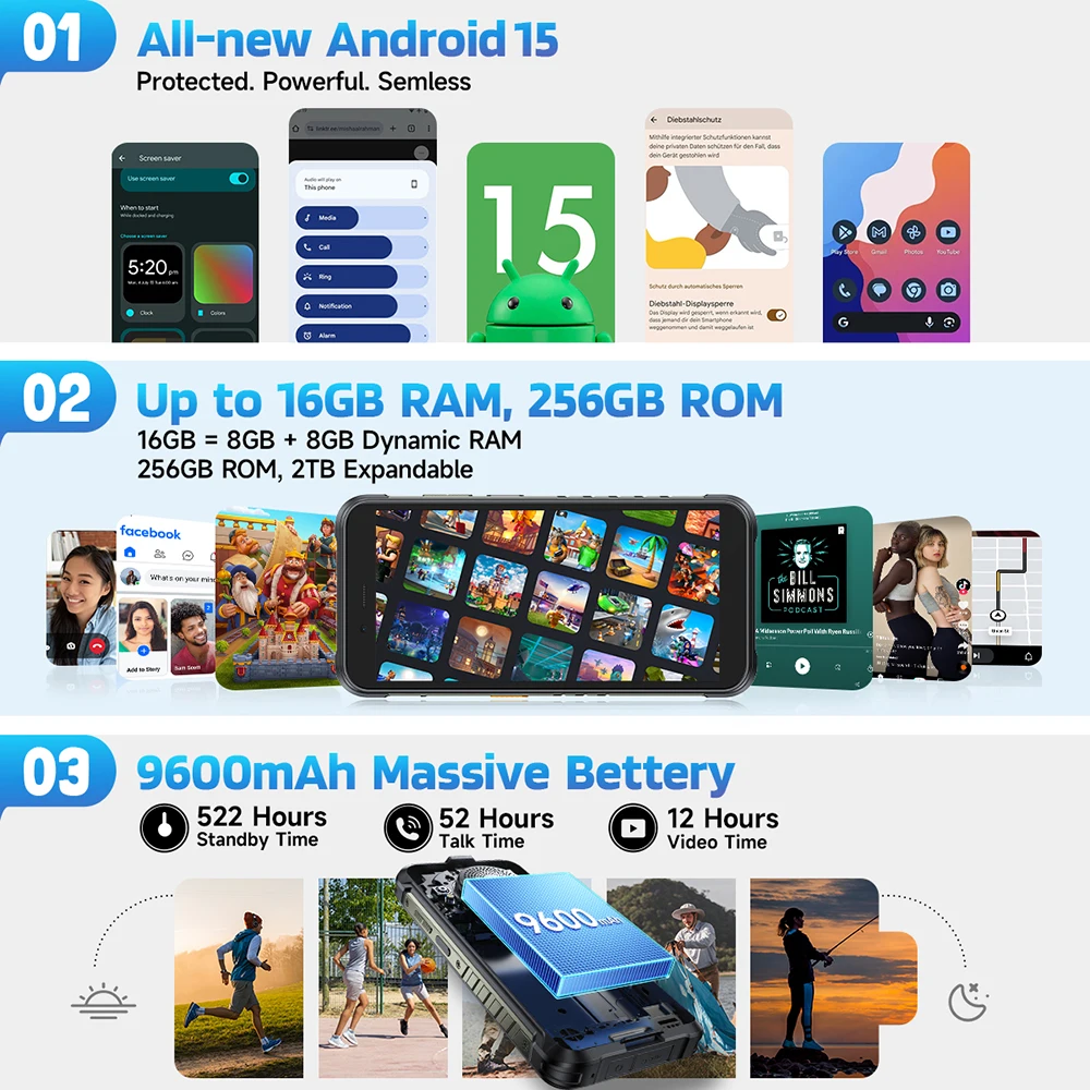 【2025 NUEVO】Teléfono robusto Ulefone RugKing 4G Android 15 Hasta 16 GB + 256 GB Smartphone impermeable 9600 mAh Cámara de 50 MP NFC Versión global - imagen 5