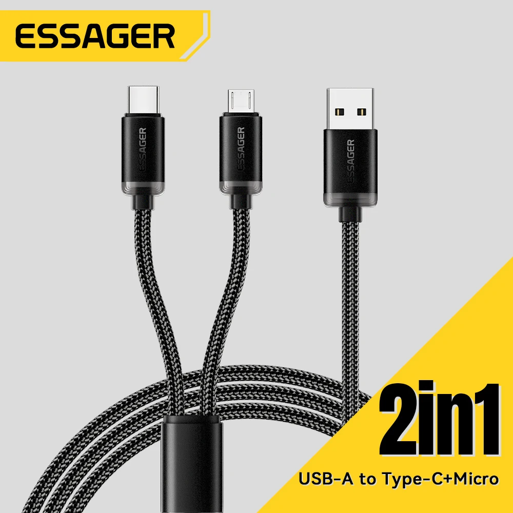Essager 2 en 1 USB tipo C Micro Cable para Xiaomi Redmi Samsung Huawei 2A Cable de datos de carga rápida Cable cargador USB para teléfono móvil