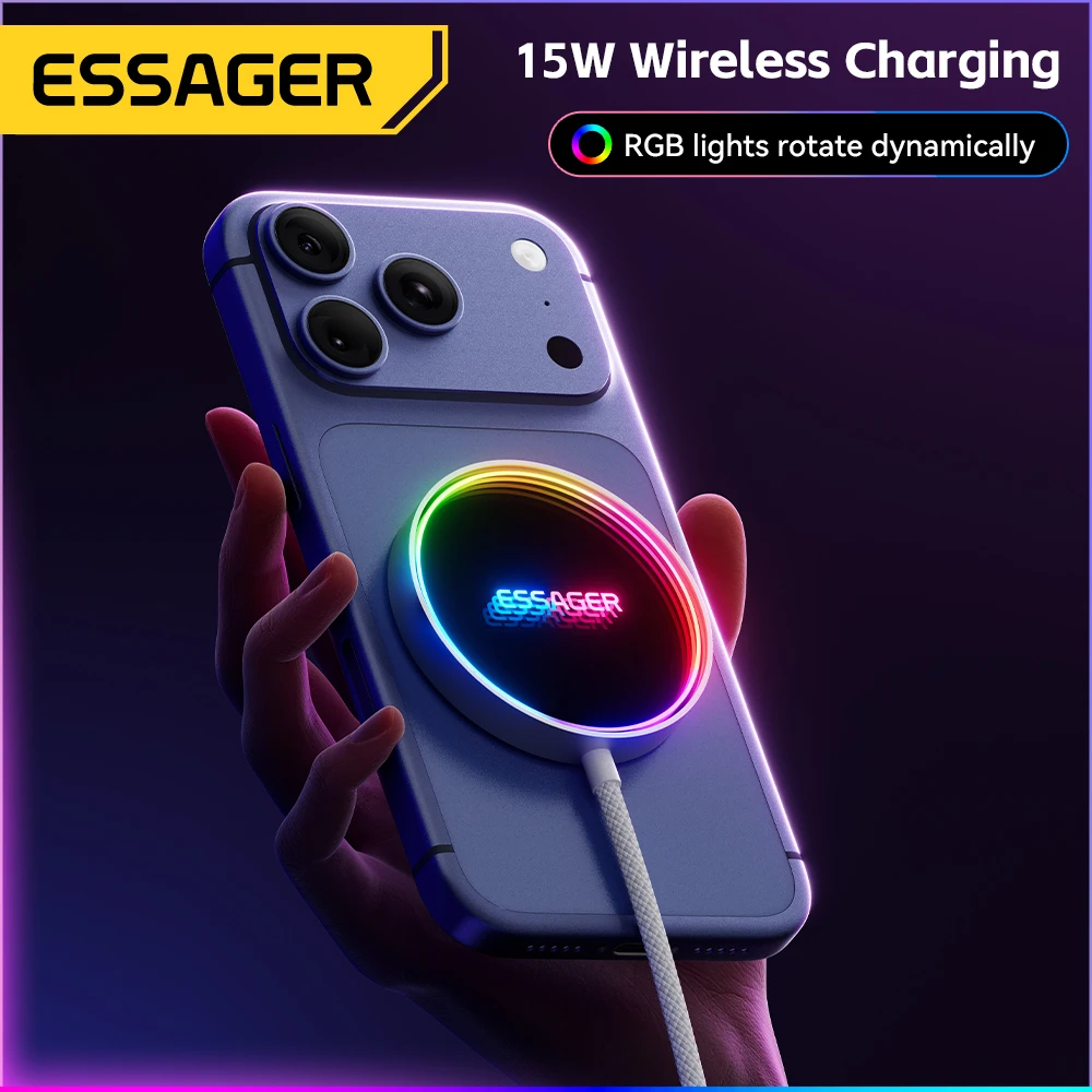 ESSAGER-cargador inalámbrico magnético de 15W, cargador de teléfono de carga rápida RGB para iPhone 16, 15, 14, 13 Pro, base de carga de teléfono Macsafe - imagen 3