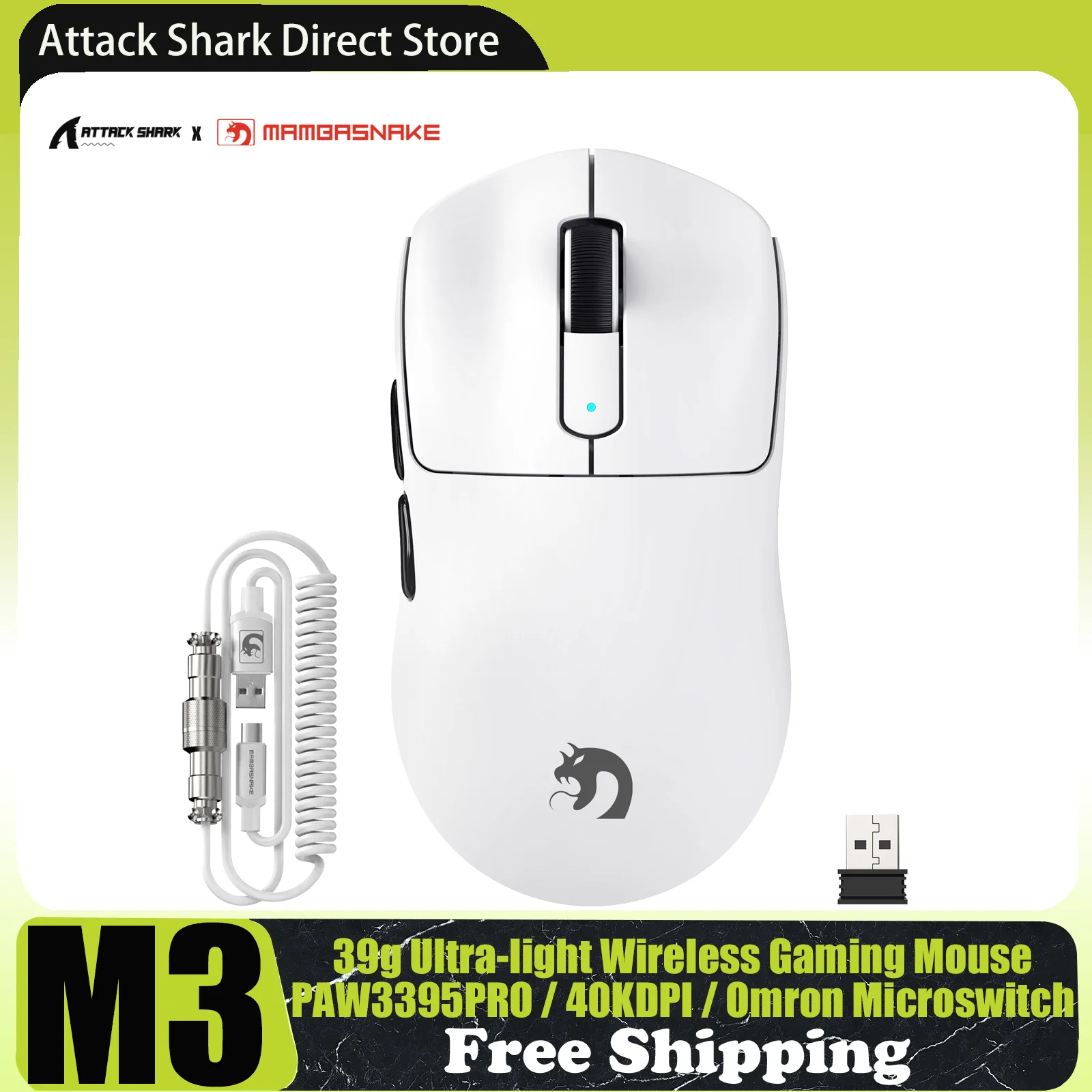 MAMBASNAKE M3 39g SUPERLIGHT Ratón inalámbrico para juegos con cable de ratón en espiral, sensor PixArt PAW3395PRO, 40K DPI, microinterruptor Omron - imagen 2
