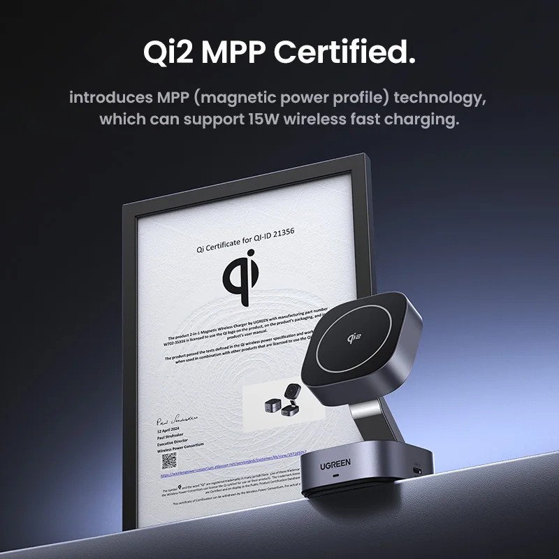 UGREEN Qi2 15W soporte de cargador inalámbrico magnético soporte de carga 2 en 1 para iPhone 16 17 Pro Max/AirPods para cargador rápido MagSafe - imagen 2