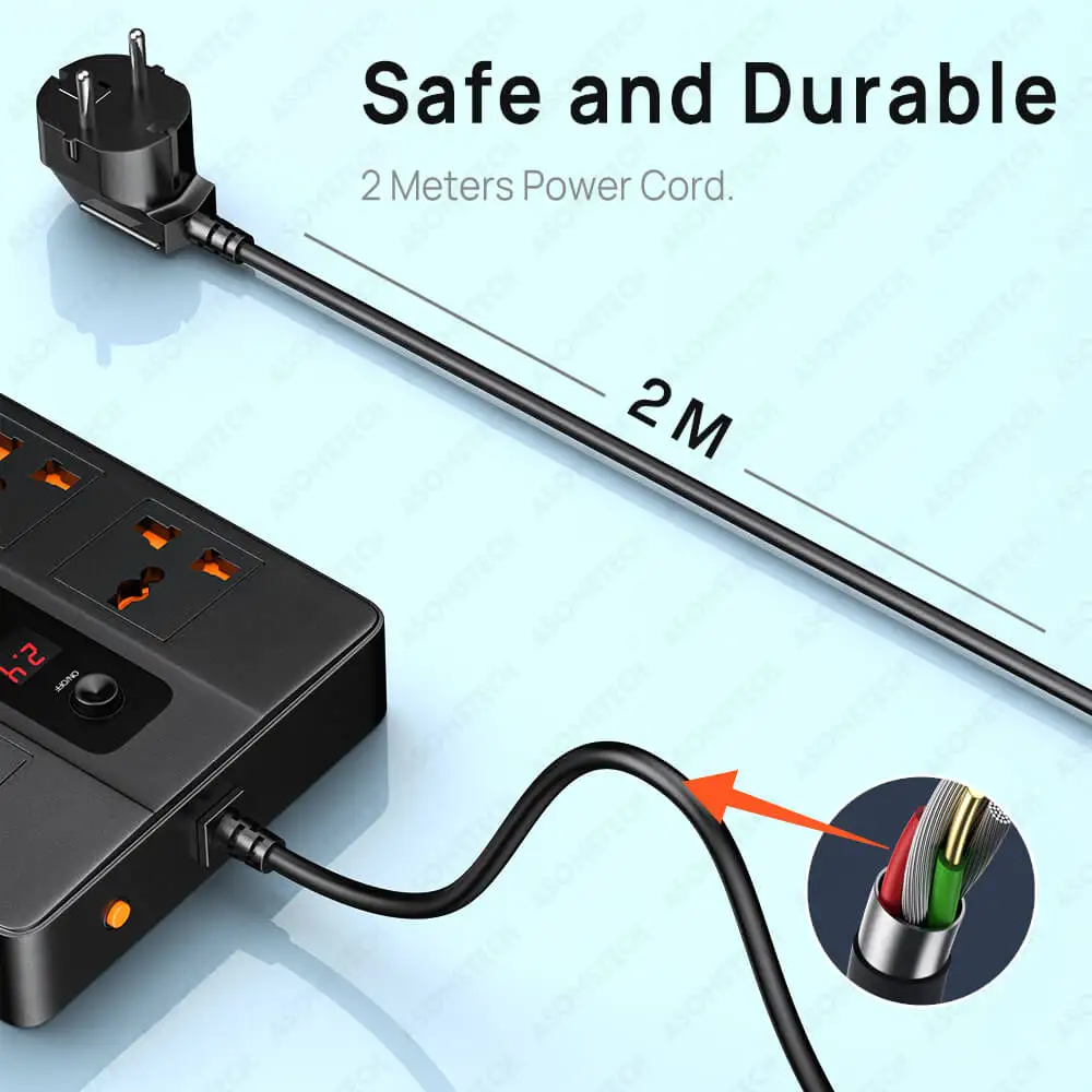 Tira de alimentación de 3000W, Cable extensor de enchufe con temporizador, Cable de extensión eléctrico Universal para el hogar con puertos USB, adaptador de cargador USB - imagen 3