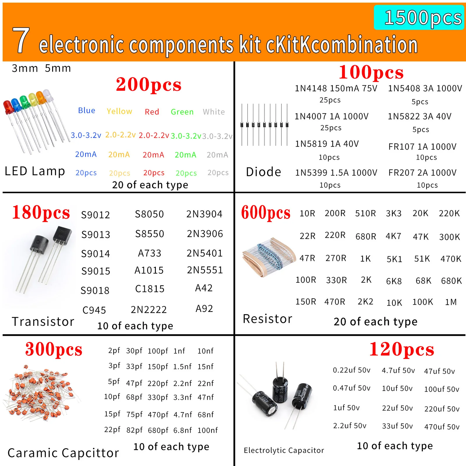Kit surtido de componentes electrónicos, condensadores, rectificador de diodo Led, Transistor de resistencia para Arduino, proyecto de bricolaje, 1500 piezas - imagen 2