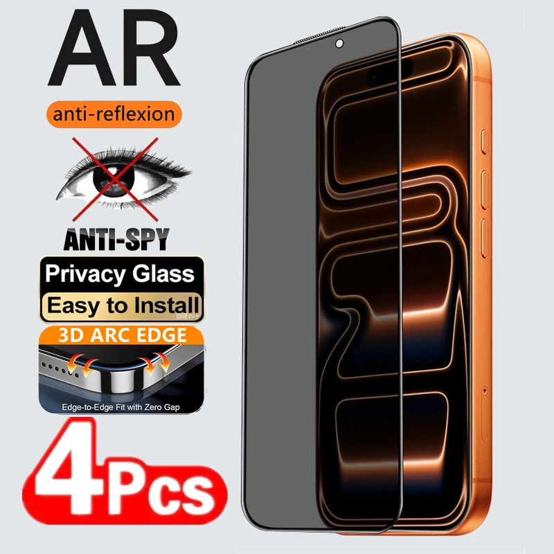 4 Uds AR vidrio templado de privacidad antirreflejos para iPhone 17 16 15 14 13 12 11 Pro Max protectores de pantalla antiespía vidrio con borde de arco - imagen 2