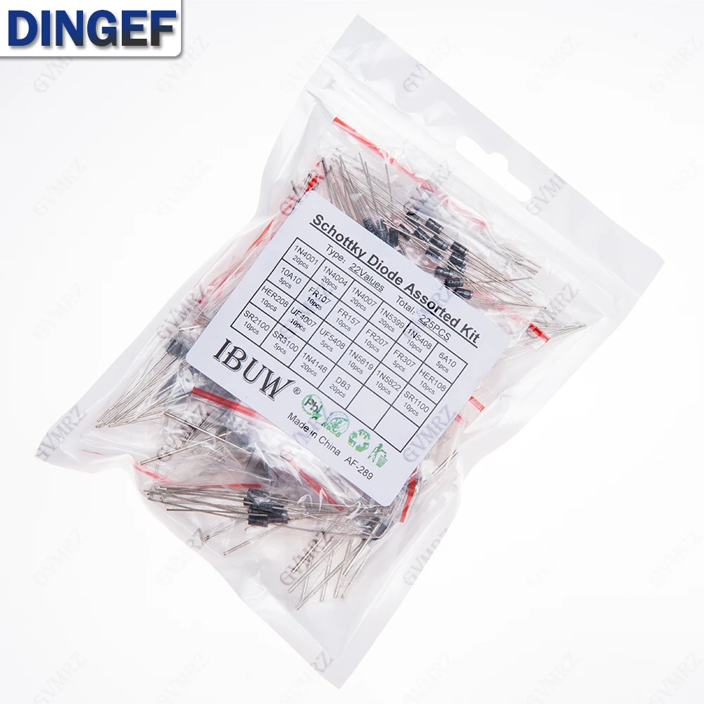 225 Uds 22 valores Kit surtido de diodos Schottky 1N4001 1N5819 1N4007 1N4148 DB3 10A10 6A10 para KIT de rectificación electrónica - imagen 2