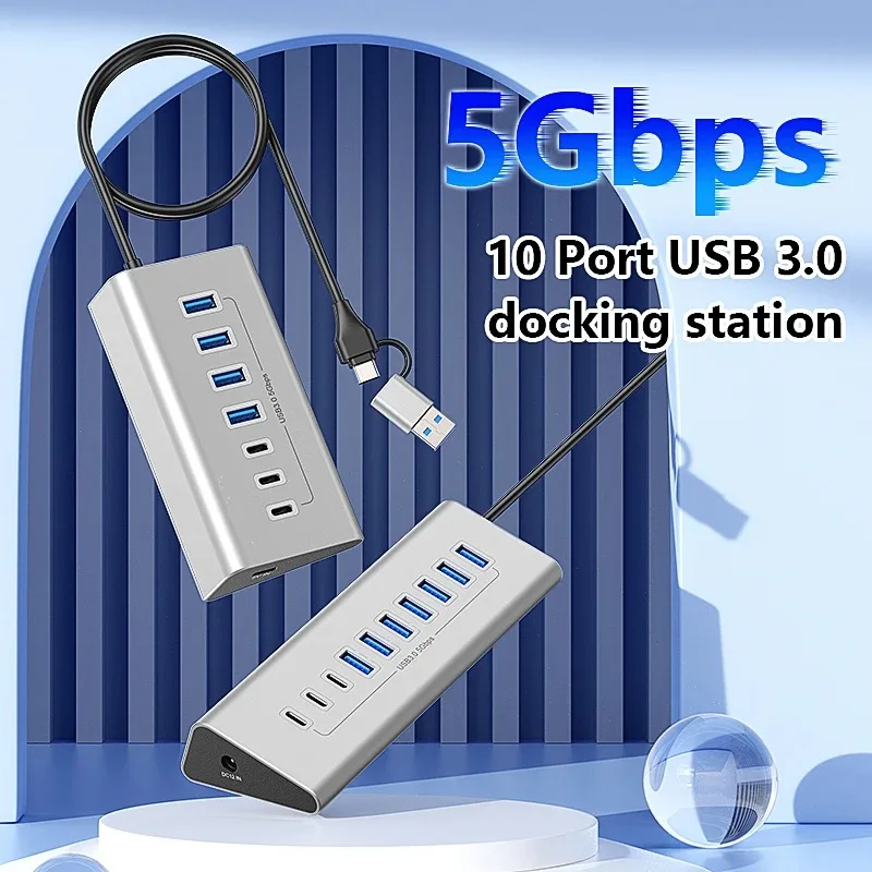 Estación de acoplamiento USB A USB C Hub 3,0 de 10 puertos, extensión de divisor tipo C de 5Gbps, adaptador de aluminio multienchufe, accesorios para ordenador portátil y PC - imagen 2