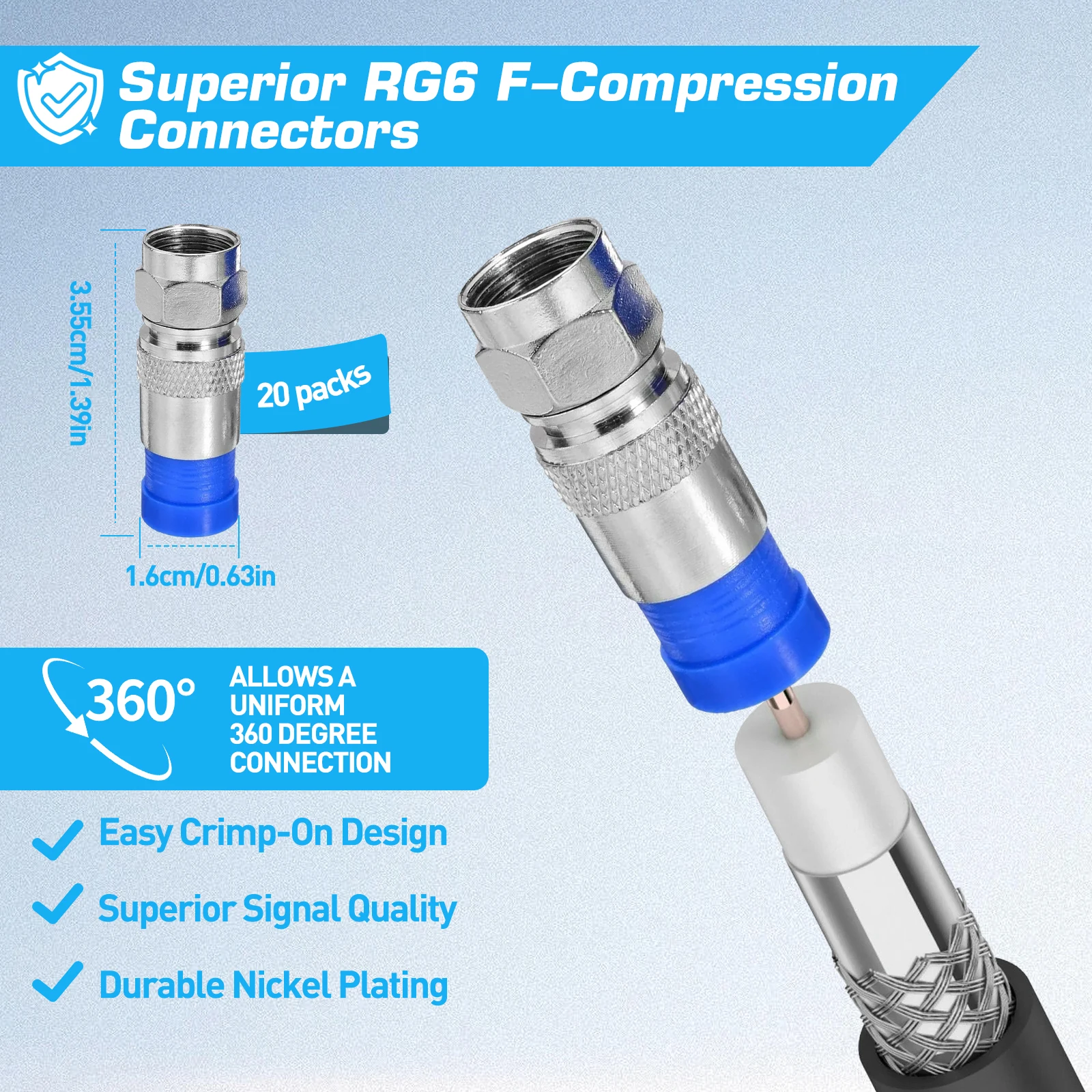 ZoeRax Kit de herramientas de compresión Coaxial Alicates prensadores de cables coaxiales con 20 piezas conectores RG6 F, herramienta pelacables coaxiales - imagen 4