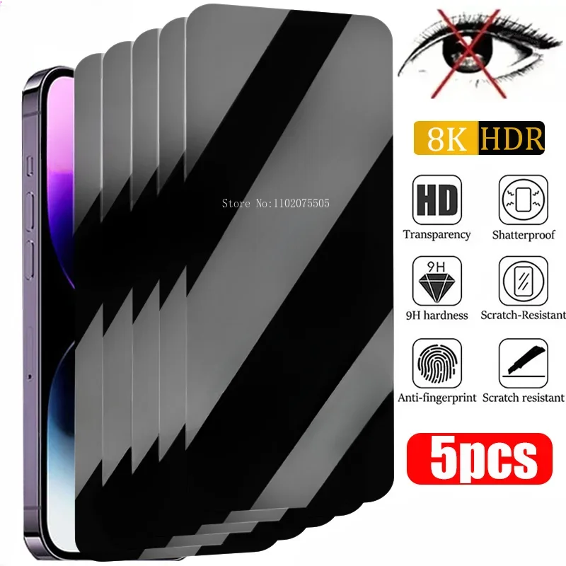 5Pcs Privacy Screen Protector For iPhone 16 11 12 13 14 15 Pro Max Anti-Spy Glass For iPhone 13 12 Mini X XR Tempered Glass Film