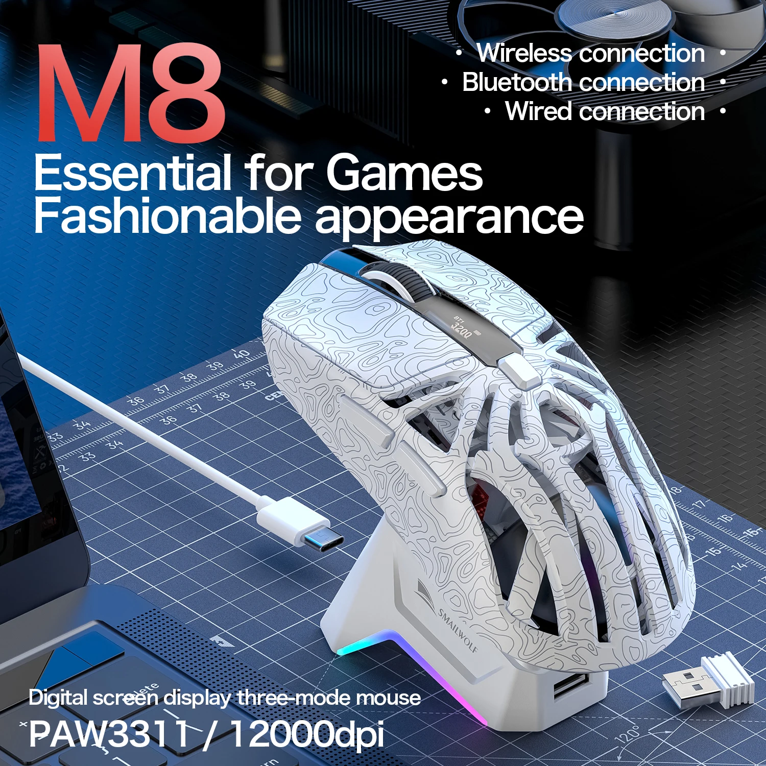 Ratón inalámbrico Bluetooth SMAILWOLF M8, programación macro para juegos de deportes electrónicos, conexión de tres modos, ratón de diseño ligero PAW3311 - imagen 2