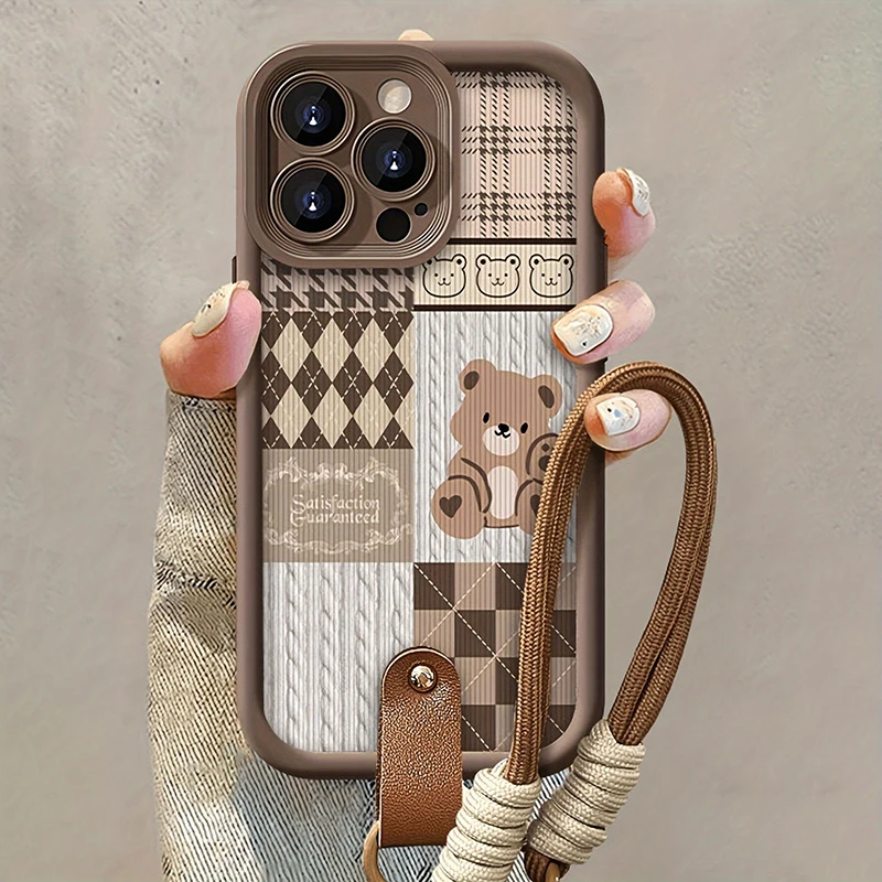 Funda de teléfono con correa colgante de oso con patrón de rejilla para iPhone 17 16 15 14 Pro Max 13 12 11 Pro 16E XS X XR 7 Plus SE, funda suave a prueba de golpes