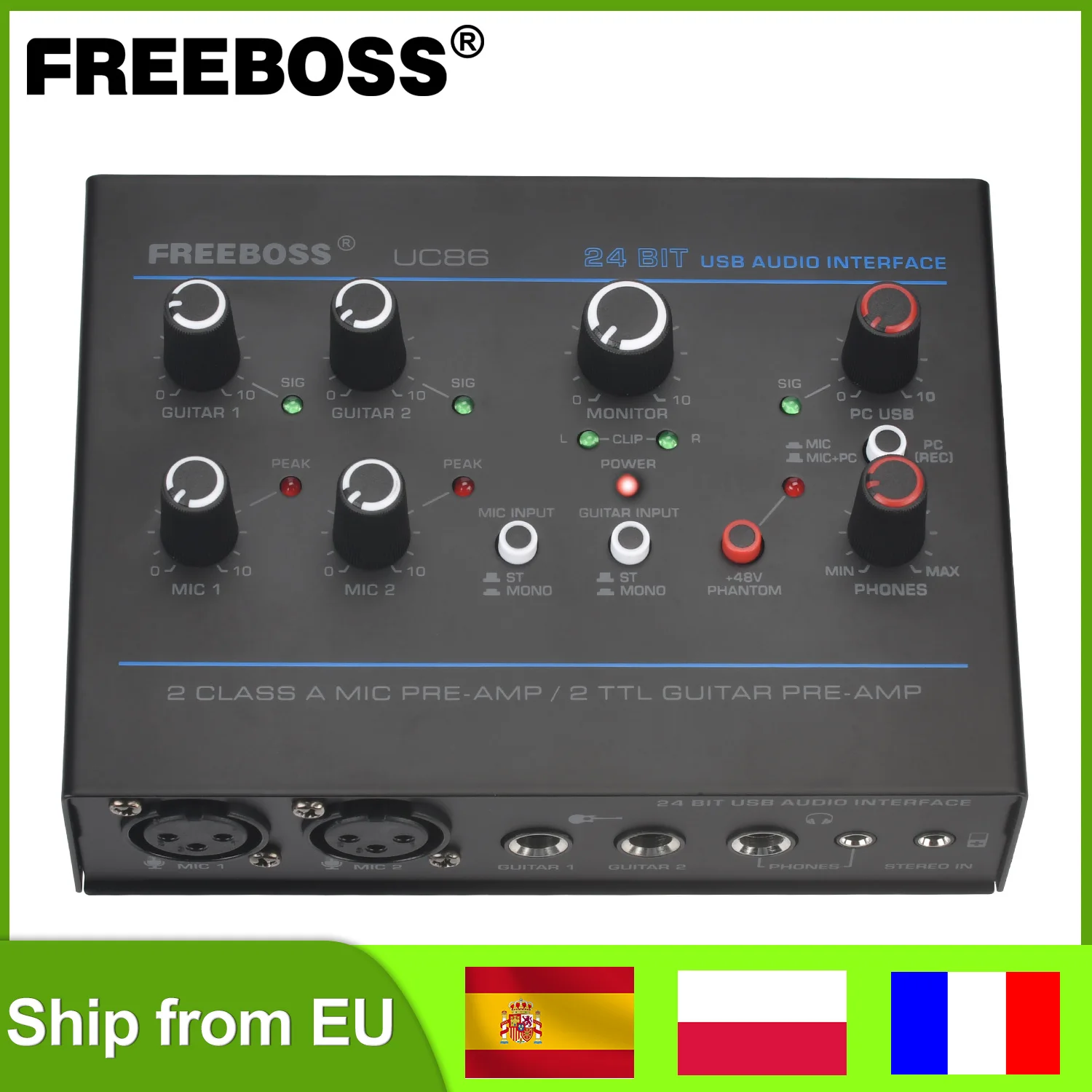 Freeboss-interfaz de Audio estéreo 3,5, tarjeta de sonido externa sin controlador para Windows ASIO4ALL UC86, 48V, PC, grabación de guitarra, 5 canales de entrada