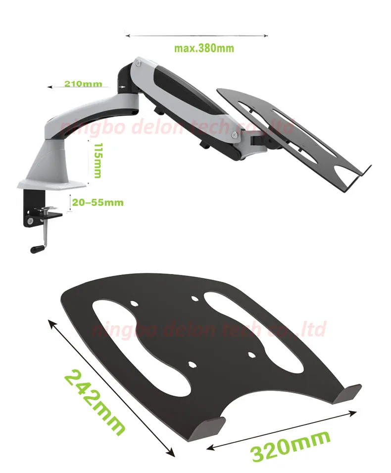 Abrazadera de soporte de mesa para monitor giratorio, montaje de escritorio lcd de doble brazo con resorte de gas de prensa de aire de aluminio de movimiento completo inclinable con bandeja para portátil - imagen 4
