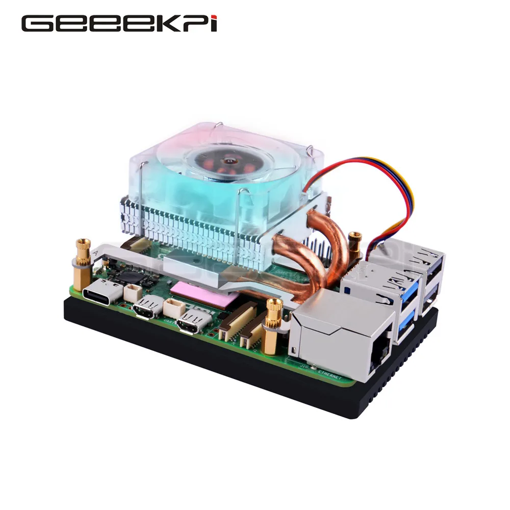 GeeekPi-ventilador de refrigeración de torre de hielo de bajo perfil para Raspberry Pi 5, Super 7 colores RGB, luz cambiante con soporte para Raspberry Pi 5
