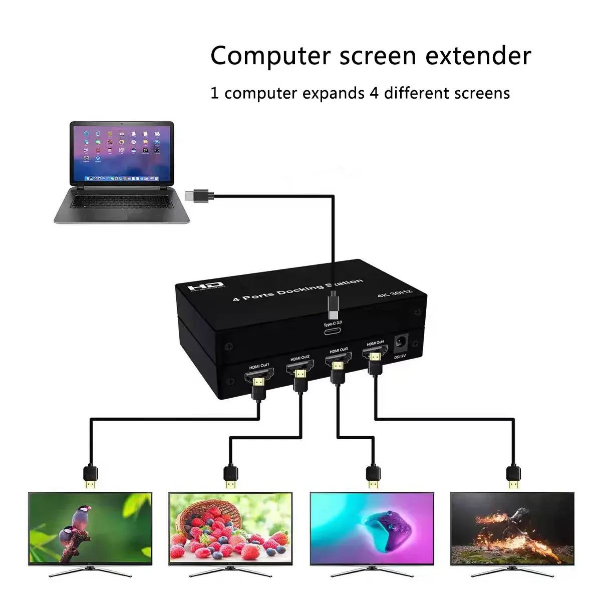 Divisor HDMI 4K USB 3,0 a 4 puertos, extensor de pantalla para ordenador portátil y PC, compatible con modo de copia, modo de extensión, pantalla de imagen diferente - imagen 3