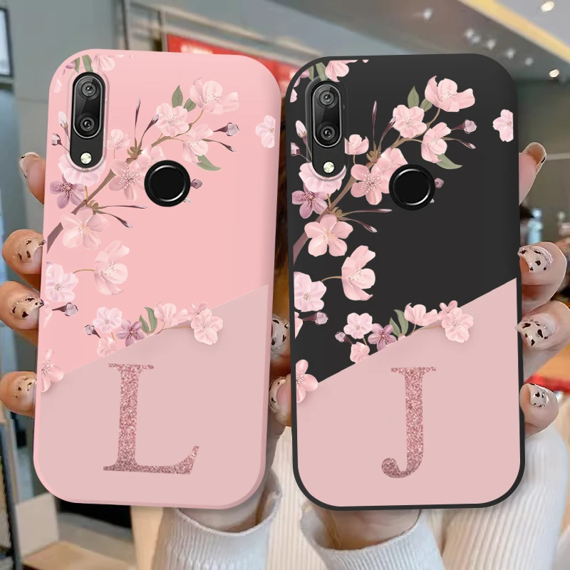 Funda de teléfono de silicona con letra inicial para Huawei Y7 Prime 2019, carcasa trasera de TPU suave con flor rosa Retro para Huawe Y7 2019 Capa